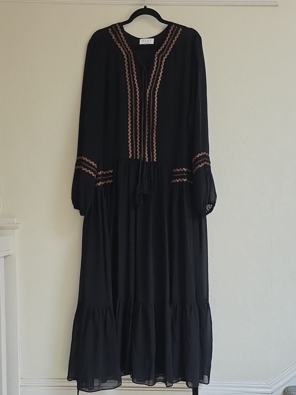 Elvi Black Maxi Dress with Metallic Embroidered Trim